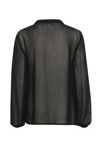 Blusa nera trasparente a maniche lunghe con colletto e texture morbida. Presenta un taglio dritto e decorazioni minime, con accenti ai polsini delle maniche.