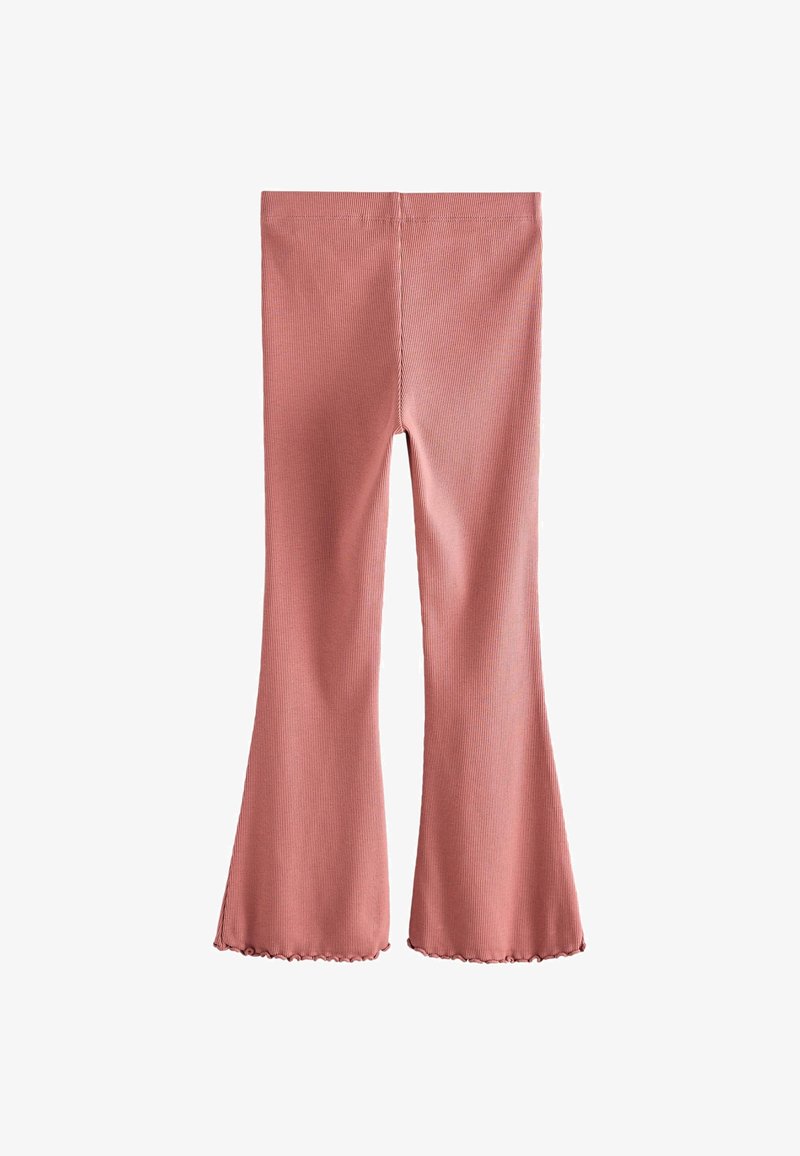 Pantalon évasé en tricot côtelé rose avec taille élastique et ourlets ondulés, présenté à plat sur un fond blanc.