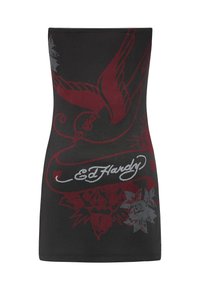 Musta tiukka putki toppi, jossa on punaisia ja harmaita tattou-tyylisiä grafiikoita, mukaan lukien lintu ja kukkaelementtejä, sekä teksti "Ed Hardy".