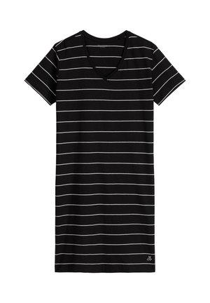 Abito nero a maniche corte con scollo a V, caratterizzato da sottili strisce orizzontali bianche e piccolo logo bianco "M OF" vicino all'orlo inferiore sul lato destro.