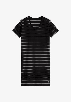 Abito nero a maniche corte con scollo a V, caratterizzato da sottili strisce orizzontali bianche e piccolo logo bianco "M OF" vicino all'orlo inferiore sul lato destro.