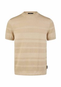 Beige kurzärmliger Strickpullover mit horizontalen Streifen, runder Ausschnitt und weichem Stoff. Etikett an der Seitennaht.