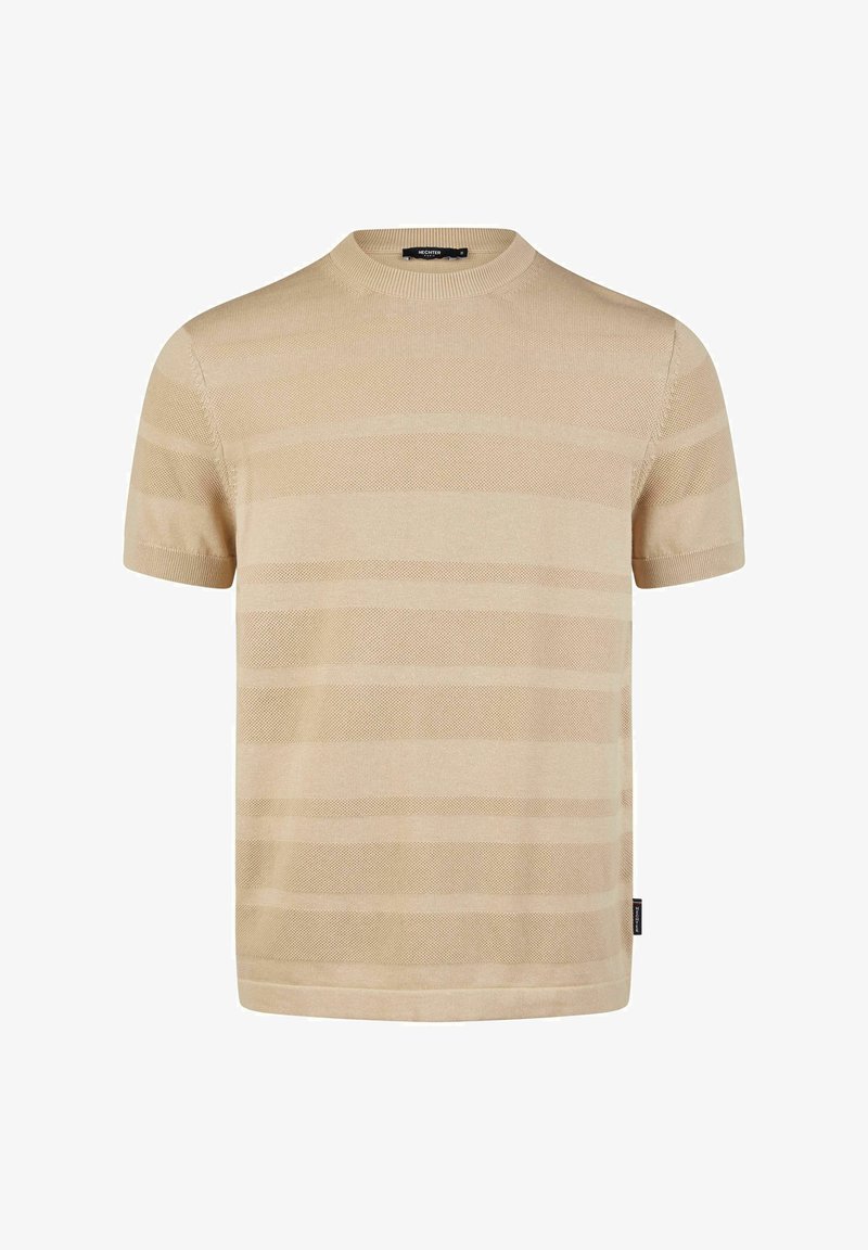 Beige kurzärmliger Strickpullover mit horizontalen Streifen, runder Ausschnitt und weichem Stoff. Etikett an der Seitennaht.