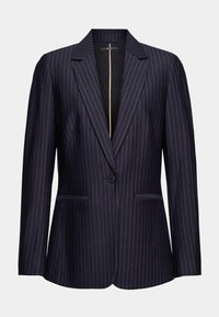 Blazer bleu marine à fines rayures, manches longues, col à revers avec encoche, bouton unique à l'avant et deux poches avant.