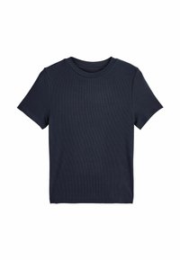 Navy modrá tričko s krátkým rukávem vyrobené z ribbed látky, s kulatým výstřihem a uvolněným střihem. Hladký povrch bez viditelných vzorů.