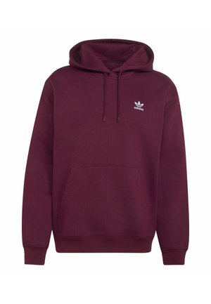 Dunkelroter Adidas-Hoodie mit Fronttasche, Kapuze mit Kordelzug, gerippten Bündchen und kleinem weißen Adidas-Logo auf der linken Brust.