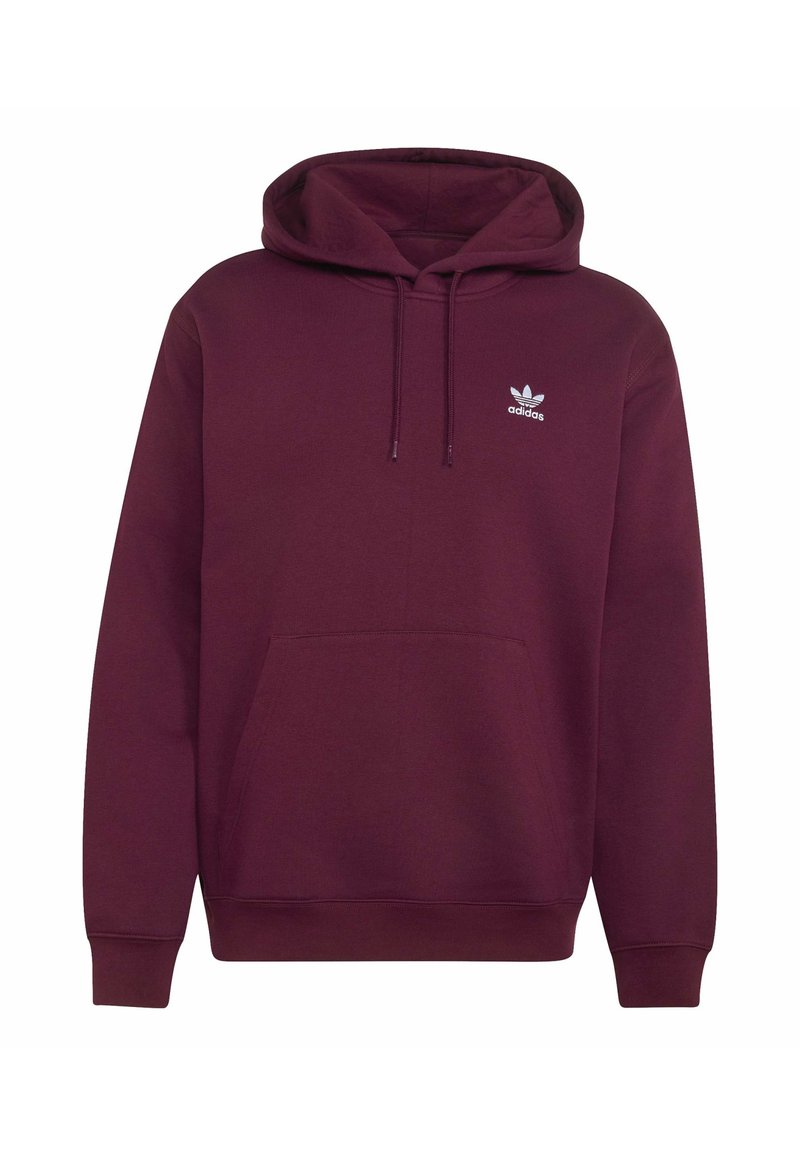 Felpa con cappuccio Adidas color bordeaux con tasca anteriore a sacco, cappuccio con cordino, polsini a costine e piccolo logo Adidas bianco sul petto a sinistra.