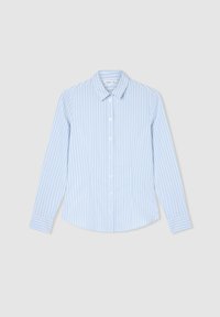 Camicia azzurra chiara a maniche lunghe con strisce bianche verticali, chiusura a bottoni sul davanti, colletto classico, orlo arrotondato e maniche con polsini. Tessuto in misto cotone.