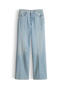 Jean en denim bleu clair avec une coupe à jambes larges, léger effet usé sur le devant des cuisses, et design traditionnel à cinq poches.