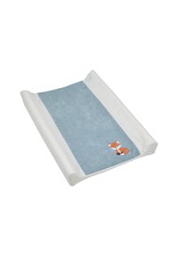 Blue changing mat with white sides, featuring a soft texture and an embroidered fox design on the blue center section.