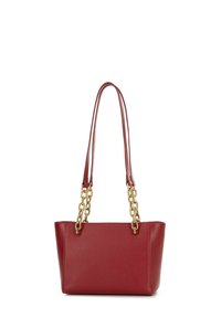 Red leather tote bag with textured finish, featuring golden chain accents on the handles, rectangular shape, and open top design.