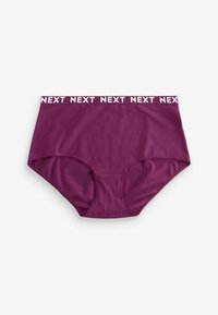 Burgundi spalvos moteriški hipster tipo apatiniai, pagaminti iš minkštos medžiagos, su plačiu elastingu juosmeniu, ant kurio kartojasi baltas "NEXT" logotipas, ir visiškai dengiančiu dizainu.