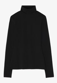 Svart turtleneck med lange ermer, laget av et glatt og elastisk stoff. Designet har en tettsittende hals og en rett nederkant.