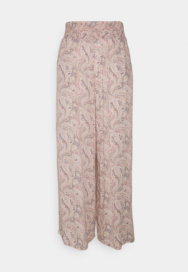 Ljust rosa vida byxor med ett paisley-mönster i mörkare nyanser. Avslappnad passform med elastisk midja för komfort. Mjuk tygtextur.