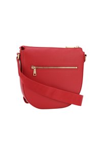 Borsa a tracolla rossa realizzata in materiale testurizzato, con una tasca con zip color oro e una ampia tracolla in tessuto per un indossamento confortevole.
