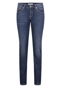 Dark blue denim skinny jeans with a mid-rise waist, front pockets, and subtle stitching details. Smooth texture with a classic fit.