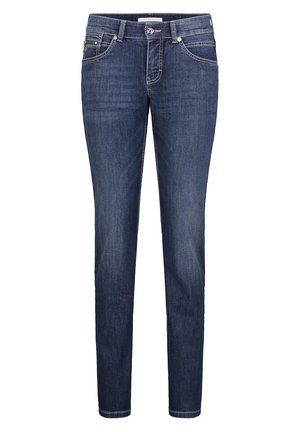 Dunkelblaue Denim-Skinny-Jeans mit mittelhoher Taille, Fronttaschen und dezenten Nähdetails. Glatte Textur mit klassischer Passform.