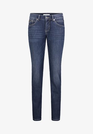 Dunkelblaue Denim-Skinny-Jeans mit mittelhoher Taille, Fronttaschen und dezenten Nähdetails. Glatte Textur mit klassischer Passform.