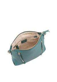 Teal leren handtas met dubbele ritssluitingen, vergulde accenten en een beige interieur. Bevat een ruime hoofdcompartiment en accentuerende zijvakken.