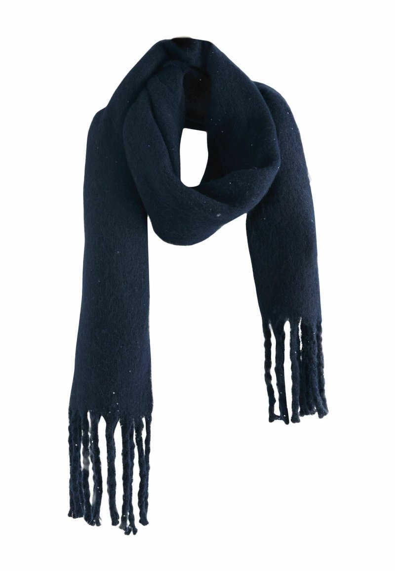 Fular din lână bleumarin, cu o textură moale, capete franjurate răsucite și un design elegant. Potrivit pentru stilizări versatile și pentru căldură.