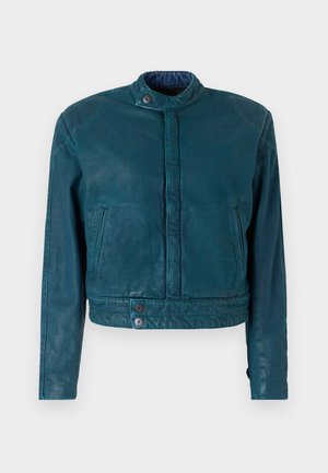 Teal leather cropped jacket with a stand collar, front snap closure, and two side pockets. Features a smooth texture and minimalistic design.