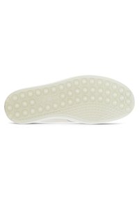 White rubber shoe sole with a textured, dotted pattern and smooth sections for grip and flexibility. Rounded edges and minimalist design.