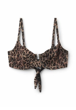 Top de bikini à imprimé animal avec un motif léopard dans des tons de brun et de noir, avec des bretelles ajustables et un détail de lien à l'avant.