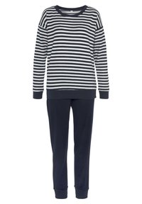 Sudadera de punto a rayas en azul marino y blanco con mangas largas y puños de canalé, combinada con pantalones tipo jogger en azul marino a juego. Tejido suave de mezcla de algodón.