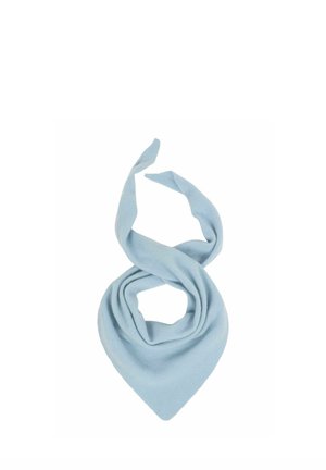 Light blue triangular scarf made of soft fabric, loosely folded with two ends extending upward against a white background.