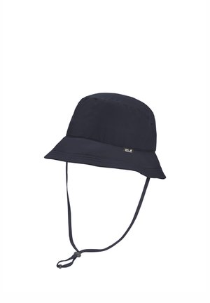 Navy blue bucket hat with chin strap and small rectangular logo tag on side, designed for sun protection and secure fit.