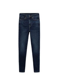 Jean skinny bleu foncé en denim, avec cinq poches, une braguette zippée et une finition nette aux chevilles.