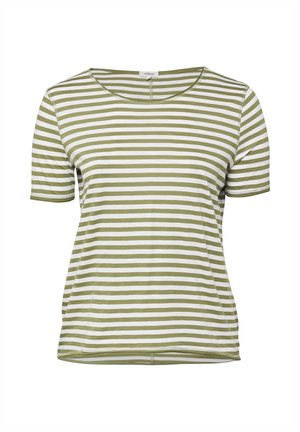 Women’s short-sleeve, round-neck T-shirt with horizontal white and olive green stripes, slightly fitted at the waist.