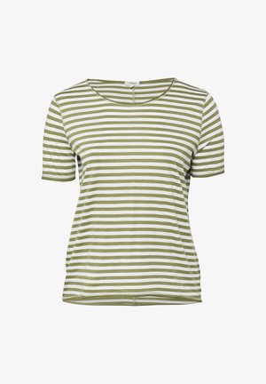 Women’s short-sleeve, round-neck T-shirt with horizontal white and olive green stripes, slightly fitted at the waist.