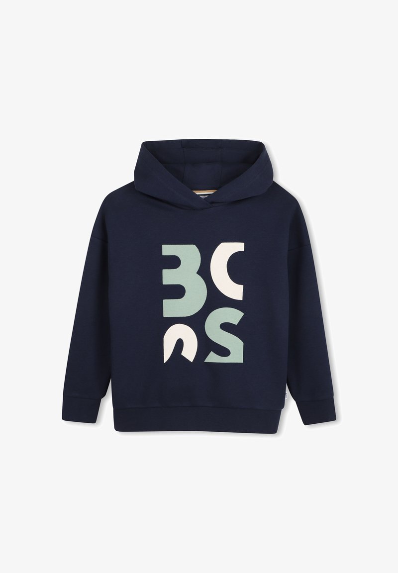 Sweat à capuche bleu marine en tissu doux, présentant un grand motif en vert clair et crème, avec une capuche à cordon de serrage et des poignets côtelés.