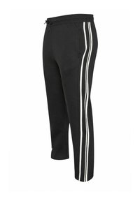 Pantaloni sportivi neri con elastico in vita, coulisse, tasche laterali e due strisce verticali bianche che corrono su entrambe le gambe.