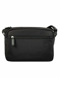 Borsa a tracolla nera in tessuto con forma rettangolare, tasca anteriore con zip e fascia regolabile. Texture liscia e dettagli di design minimi.