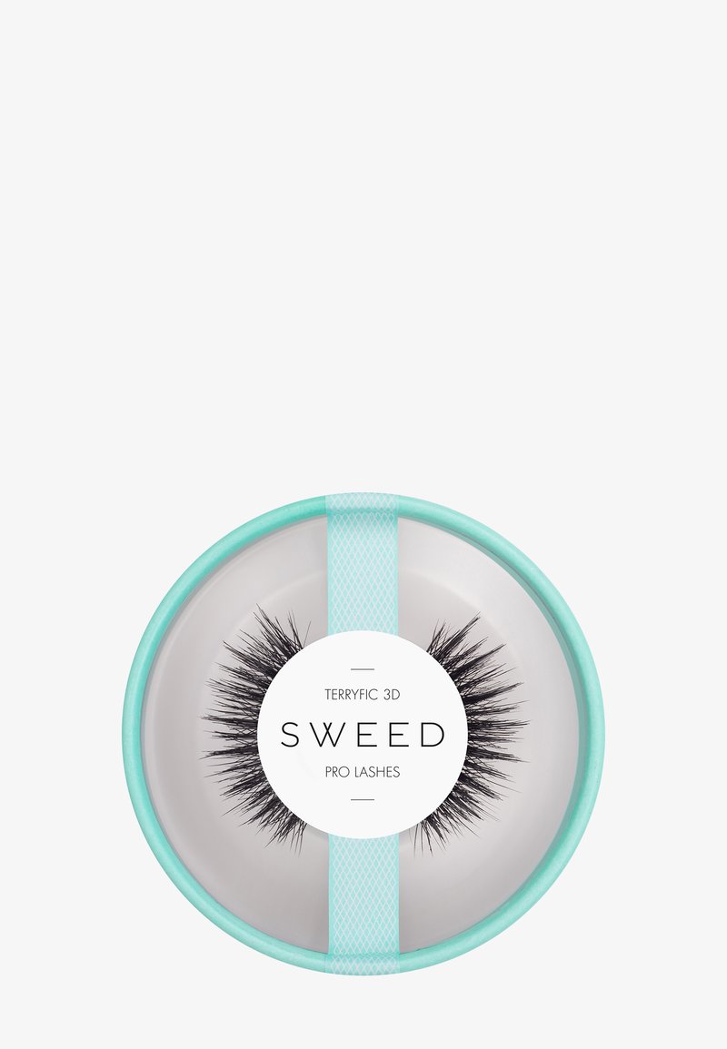 Sorte 3D falske øyevipper i en rund, myntegrønn emballasje med en teksturert band og en hvit etikett med merkevarenavnet "SWEED."