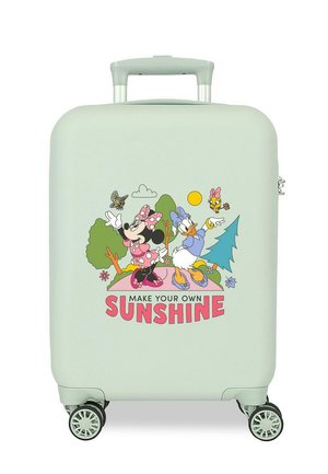 Maleta verde claro con personajes de dibujos animados Minnie Mouse, Pato Donald, y mariposa, árboles, sol y texto "Haz tu propia luz solar."