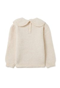 Strickpullover in weichem, hellem Creme mit einem großen, abgerundeten Kragen, einer Knopfleiste mit drei Knöpfen sowie gerippten Bündchen und Saum. Glattes, strukturiertes Gewebe.