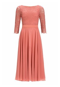 Robe midi corail avec un corsage en dentelle, des manches trois-quarts et une jupe fluide. Comprend une taille ajustée et une fermeture éclair au dos.