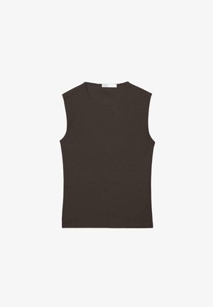 Mouwloos donkerbruin tanktop met ronde hals en rechte zoom, plat weergegeven op een witte achtergrond.