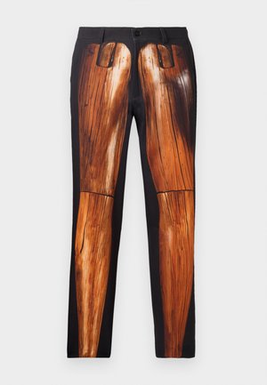 Black pants featuring a graphic print of wooden legs, with a smooth texture and contrasting shiny finish on a matte background.