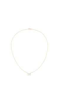 Goldene Halskette mit einem zarten Infinity-Anhänger, der mit einem kleinen silbernen Element akzentuiert ist, glatte Textur und minimalistisches Design.
