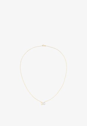 Gouden ketting met een delicate oneindigheid pendant, verfraaid met een klein zilveren element, soepel van structuur en minimalistisch van ontwerp.