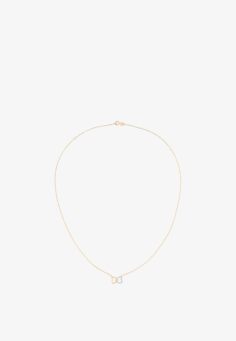 Gouden ketting met een delicate oneindigheid pendant, verfraaid met een klein zilveren element, soepel van structuur en minimalistisch van ontwerp.
