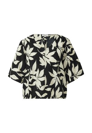 Zwarte losvallende blouse met grote crèmekleurige bloemenprint, V-hals, elastische zoom en halflange mouwen.