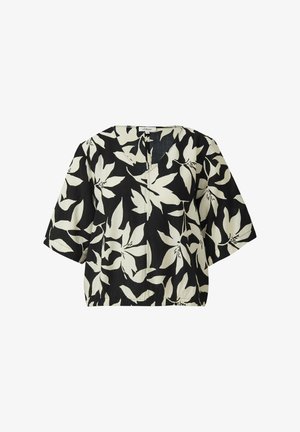 Zwarte losvallende blouse met grote crèmekleurige bloemenprint, V-hals, elastische zoom en halflange mouwen.