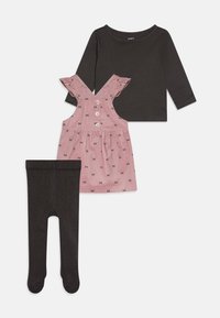Two-piece outfit featuring a dark long-sleeve top, pink corduroy dress with ruffled straps and bow patterns, and black legging tights.