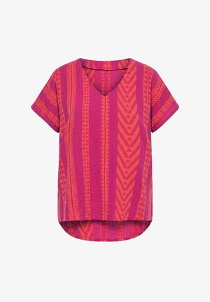 Kortemouws paars-oranje V-hals shirt met geometrische verticale streeppatronen en een afgeronde zoom die aan de achterkant langer is.