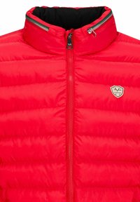 Rode gewatteerde jas met hoge kraag, voorzien van een rits aan de voorkant en een klein logopatch. Gladde textuur van de stof met horizontale stiksels.